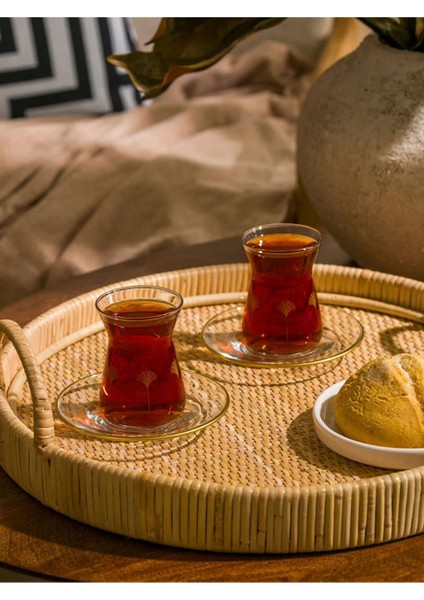 Home Sarı Baskılı 4 Kişilik Cam Çay Bardağı Seti T T