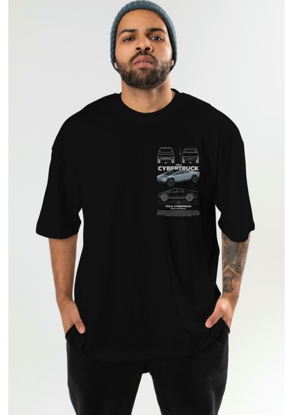 Tesla Cybertruck Ön Sol Baskılı Oversize T-Shirt Erkek Kadın Unisex Pamuk Bisiklet Yaka Tişort