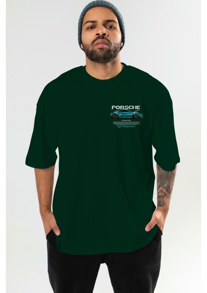 Porsche Cayman Rsr Ön Sol Baskılı Oversize T-Shirt Erkek Kadın Unisex Pamuk Bisiklet Yaka Tişort