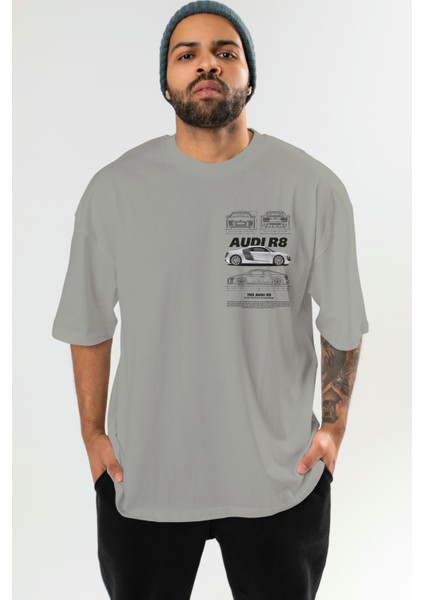 Audı R8 Ön Sol Baskılı Oversize T-Shirt Erkek Kadın Unisex %100 Pamuk Bisiklet Yaka Tişort