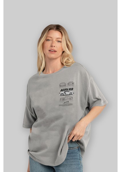 Audı R8 Ön Sol Baskılı Oversize T-Shirt Erkek Kadın Unisex %100 Pamuk Bisiklet Yaka Tişort fırsatları