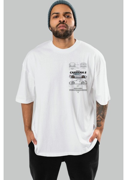 Porsche Carrera S Ön Sol Baskılı Oversize T-Shirt Erkek Kadın Unisex %100 Pamuk Bisiklet Yaka Tişort