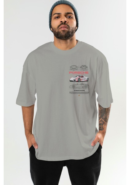 Porsche 918 Spyder 1 Ön Sol Baskılı Oversize T-Shirt Erkek Kadın Unisex Pamuk Bisiklet Yaka Tişort