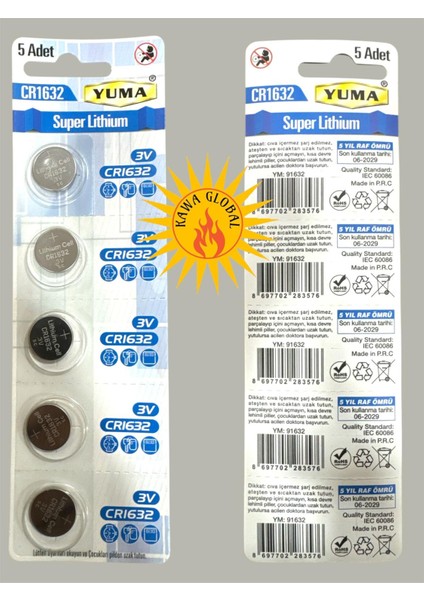 Düğme Pil CR1632 3V 5 Adet Yuma Pil