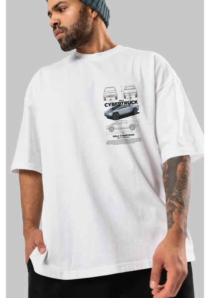 Tesla Cybertruck Ön Sol Baskılı Oversize T-Shirt Erkek Kadın Unisex %100 Pamuk Bisiklet Yaka Tişort modelleri