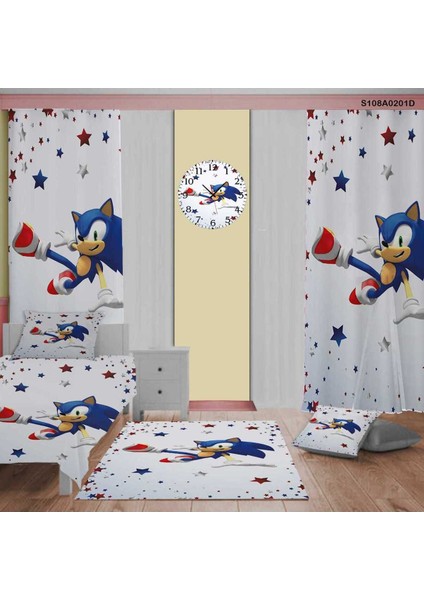 Sonic ve Yıldızlar Çocuk ve Bebek Odası Perde,yatak Örtüsü,halı,duvar Saati,yastık ve Kırlen Kılıfı