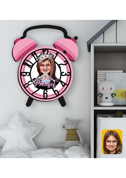 Kişiye Özel Prenses Karikatürlü Retro Çalar Saat Tasarımlı Kabartma Figürlü Ahşap Çocuk Duva