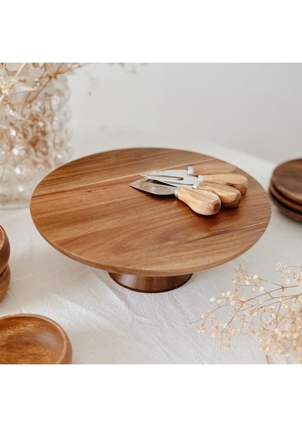 28 cm Yuvarlak Ayaklı Akasya Ahşap Sunum ve Pasta Servis Tabağı fiyatları