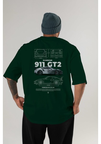 Porsche 911 Gt2 Rs 3 Arka Baskılı Oversize T-Shirt Erkek Kadın Unisex %100 Pamuk Bisiklet Yaka Tişort