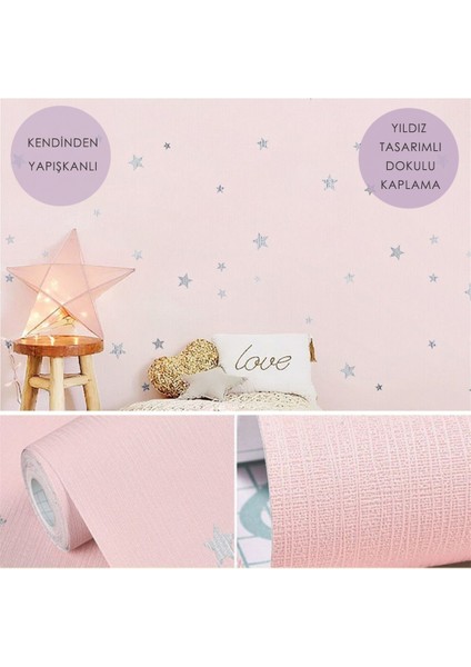 60CM×100CM Kendinden Yapışkanlı Yıldız Görünümlü Duvar Kağıdı Çocuk Odası Kaplama Dolap Pembe