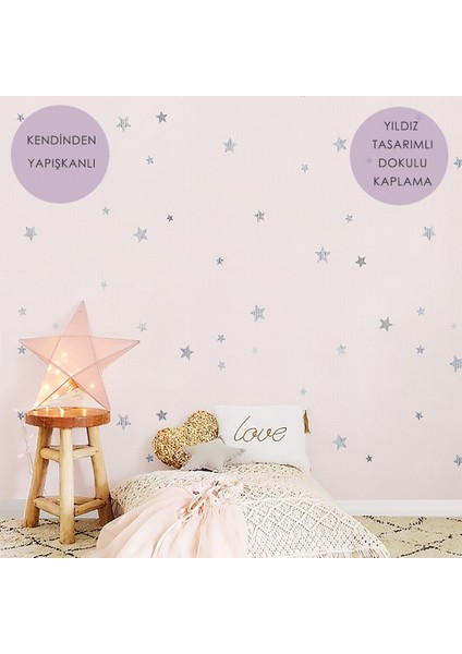 60CM×100CM Kendinden Yapışkanlı Yıldız Görünümlü Duvar Kağıdı Çocuk Odası Kaplama Dolap Pembe