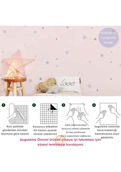 60CM×100CM Kendinden Yapışkanlı Yıldız Görünümlü Duvar Kağıdı Çocuk Odası Kaplama Dolap Pembe