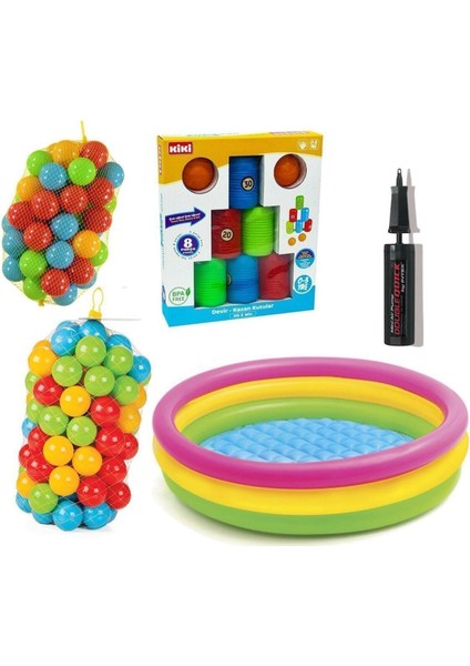 Activeshop 114 CMX25 cm Şişme Tabanlı Havuz+ 130 Adet Top+ Devir-Kazan Kutular ve El Pompası