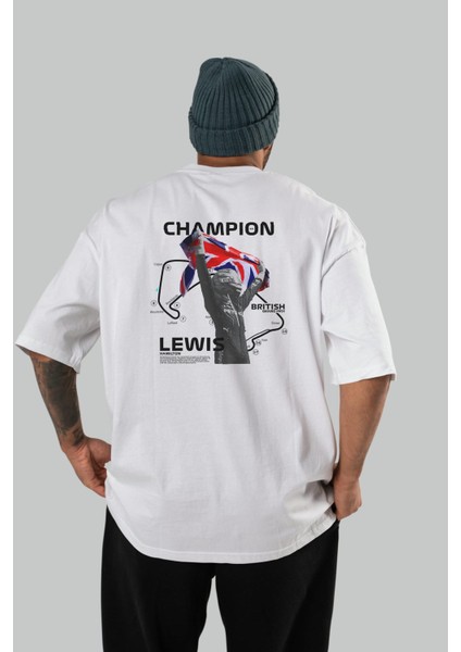 Lewıs H Sılverstone Arka Baskılı Oversize T-Shirt Erkek Kadın Unisex %100 Pamuk Bisiklet Yaka Tişort