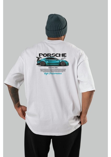 Porsche Cayman Rsr Arka Baskılı Oversize T-Shirt Erkek Kadın Unisex %100 Pamuk Bisiklet Yaka Tişort