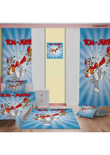 Tom ve Jerry Çocuk ve Bebek Odası (Perde,yatak Örtüsü,halı,kare Duvar Saati,yastık ve Kırlen Kılıfı
