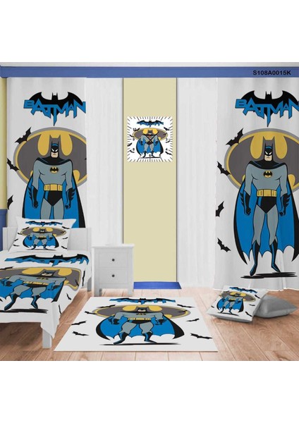 Batman Desenli Çocuk ve Bebek Odası Perde,yatak Örtüsü,halı,kare Duvar Saati,yastık ve Kırlen Kılıf