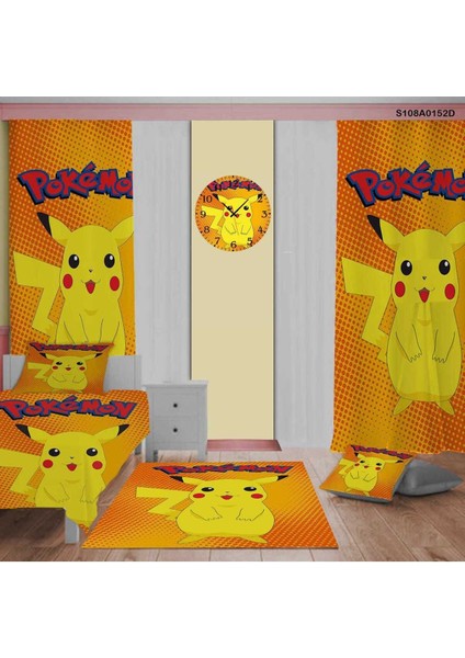 Pokemon Pikaçu Desenli Çocuk Odası Perde, Yatak Örtüsü, Halı, Duvar Saati, Yastık ve Kırlent Kılıfı