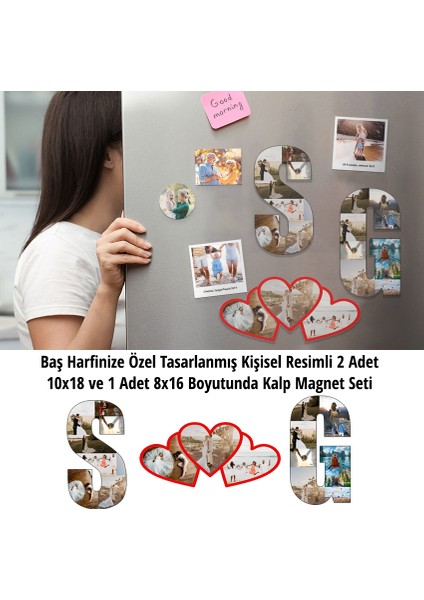 Özel Tasarım Kişisel Fotoğraflı Harf ve Kalp Magnet Koleksiyonu (2 Adet Harf, 1 Adet 3'lü Kalp)