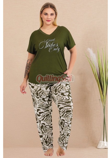 Haki Renk ve Desenli 10999 Kısa Kollu Kadın Büyük Beden Anne Pijama Takımı