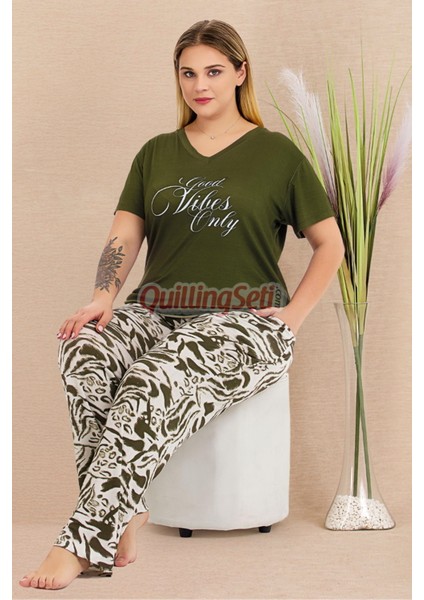 Haki Renk ve Desenli 10999 Kısa Kollu Kadın Büyük Beden Anne Pijama Takımı fiyatları