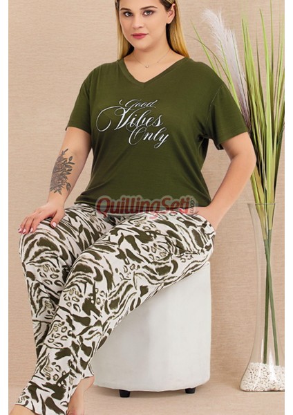 Haki Renk ve Desenli 10999 Kısa Kollu Kadın Büyük Beden Anne Pijama Takımı fırsatları