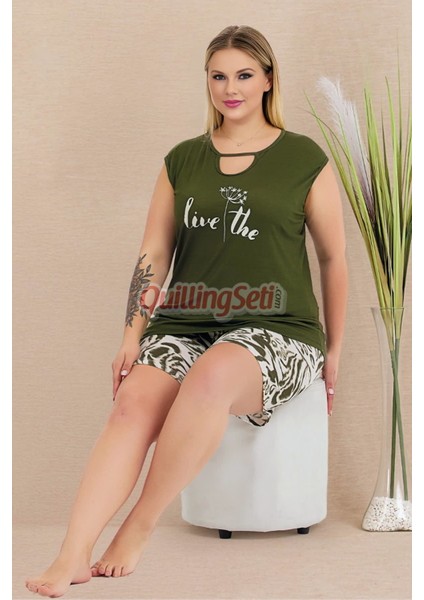 Haki Renk ve Desenli 10424 Şortlu Büyük Beden Anne Pijama Takımı fiyatları