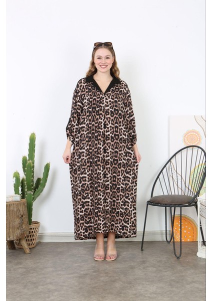Kadın Büyük Beden Leo Dokuma Viskon Leopar Desen Ön Boy Düğmeli Cepli Uzun Elbise 65N38736