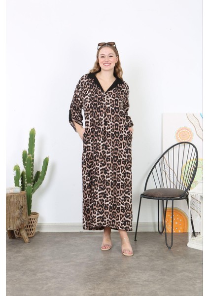 Kadın Büyük Beden Leo Dokuma Viskon Leopar Desen Ön Boy Düğmeli Cepli Uzun Elbise 65N38736 fiyatları