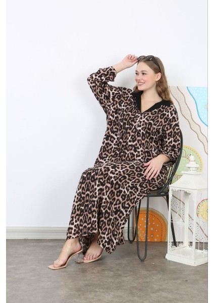 Kadın Büyük Beden Leo Dokuma Viskon Leopar Desen Ön Boy Düğmeli Cepli Uzun Elbise 65N38736 modelleri