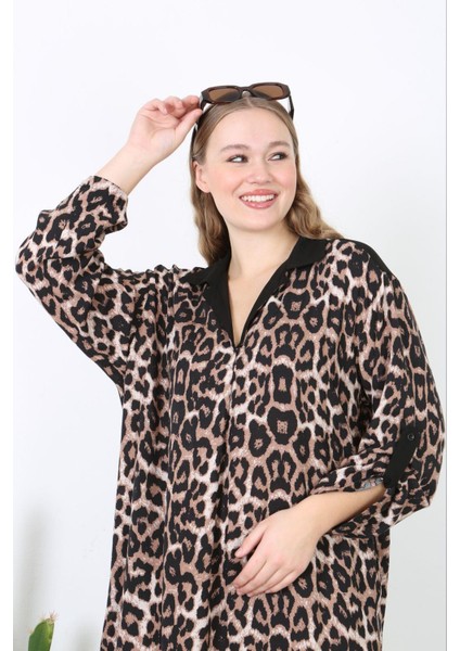 Kadın Büyük Beden Leo Dokuma Viskon Leopar Desen Ön Boy Düğmeli Cepli Uzun Elbise 65N38736 fırsatları