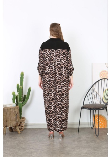 Kadın Büyük Beden Leo Dokuma Viskon Leopar Desen Ön Boy Düğmeli Cepli Uzun Elbise 65N38736 indirimleri