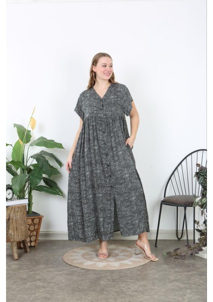Kadın Büyük Beden Gri Dokuma Viskon Boy Düğmeli Yan Yırtmaç Cepli Uzun Elbise 65N38734 fiyatları