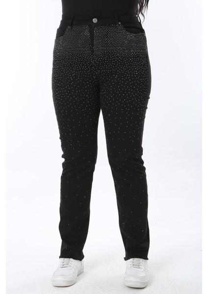 Kadın Büyük Beden Siyah Taş Detaylı 5 Cepli Likralı Kot Pantolon 65N38560