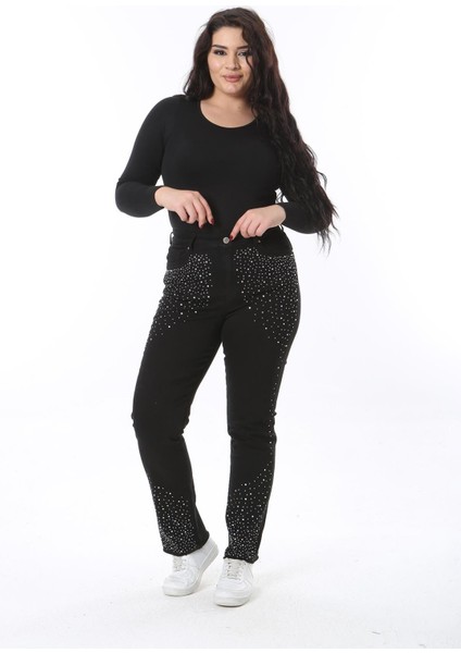 Kadın Büyük Beden Siyah Taş Detaylı 5 Cepli Likralı Kot Pantolon 65N38561 fiyatları