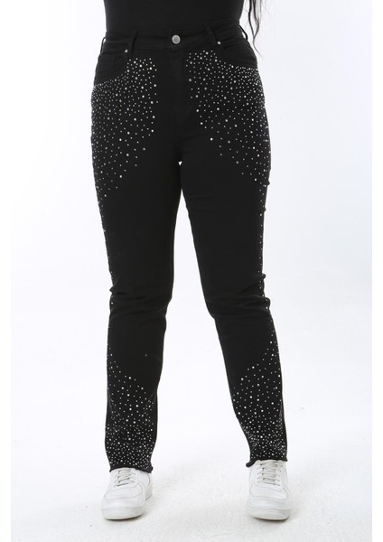 Kadın Büyük Beden Siyah Taş Detaylı 5 Cepli Likralı Kot Pantolon 65N38561 fırsatları