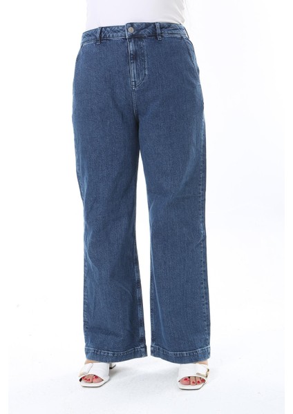 Kadın Büyük Beden Lacivert Yüksek Bel Geniş Paçalı Kot Pantolon 65N38297