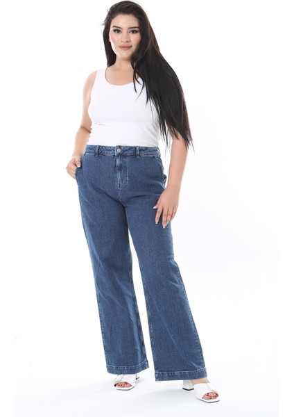 Kadın Büyük Beden Lacivert Yüksek Bel Geniş Paçalı Kot Pantolon 65N38297