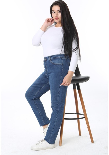 Kadın Büyük Beden Lacivert Yüksek Bel 5 Cepli Likralı Kot Pantolon 65N38389