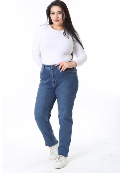 Kadın Büyük Beden Lacivert Yüksek Bel 5 Cepli Likralı Kot Pantolon 65N38389 fiyatları