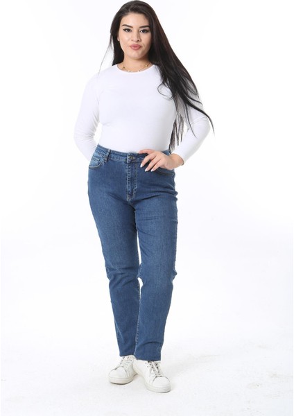 Kadın Büyük Beden Lacivert Yüksek Bel 5 Cepli Likralı Kot Pantolon 65N38389 modelleri