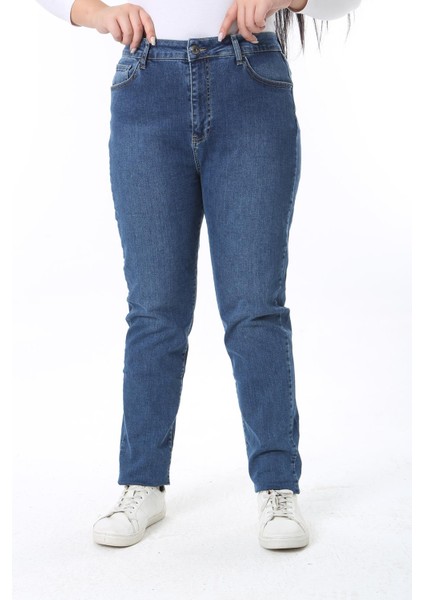 Kadın Büyük Beden Lacivert Yüksek Bel 5 Cepli Likralı Kot Pantolon 65N38389 fırsatları