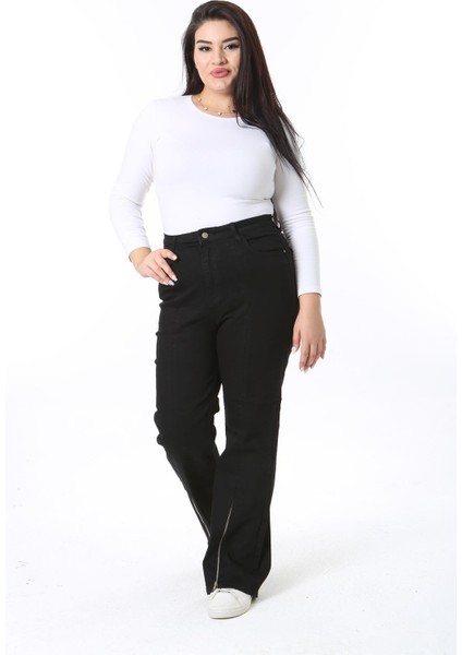 Kadın Büyük Beden Siyah Paça Fermuarlı Yüksek Bel Likralı Kot Pantolon 65N38411