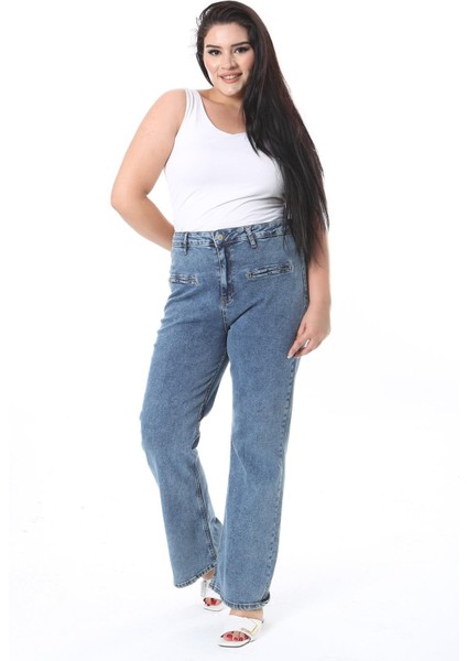 Kadın Büyük Beden Mavi Yüksek Bel Ön Süs Cepli Likralı Kot Pantolon 65N38299 fiyatları