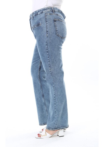 Kadın Büyük Beden Mavi Yüksek Bel Ön Süs Cepli Likralı Kot Pantolon 65N38299 fırsatları