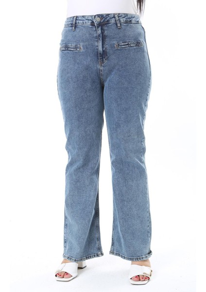 Kadın Büyük Beden Mavi Yüksek Bel Ön Süs Cepli Likralı Kot Pantolon 65N38299 indirimleri