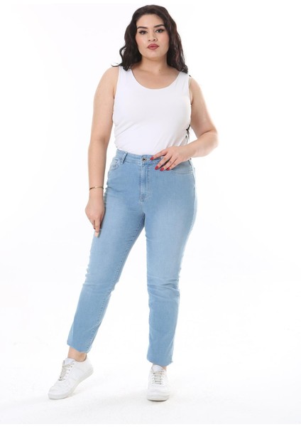 Kadın Büyük Beden Mavi Yüksek Bel Likralı 5 Cep Kot Pantolon 65N38287