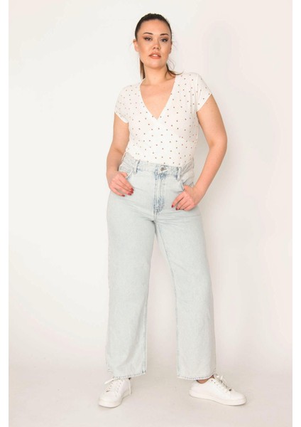 Kadın Büyük Beden Mavi Yıkama Efektli Mom Jean Pantolon 65N38288