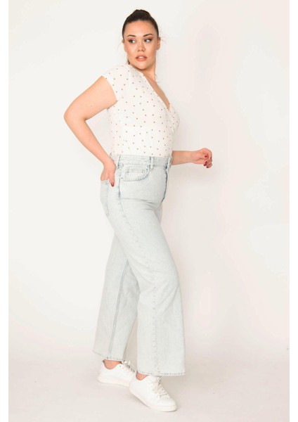 Kadın Büyük Beden Mavi Yıkama Efektli Mom Jean Pantolon 65N38288