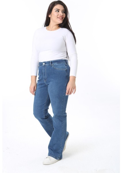 Kadın Büyük Beden Mavi Yüksek Bel 5 Cepli Likralı Kot Pantolon 65N38390